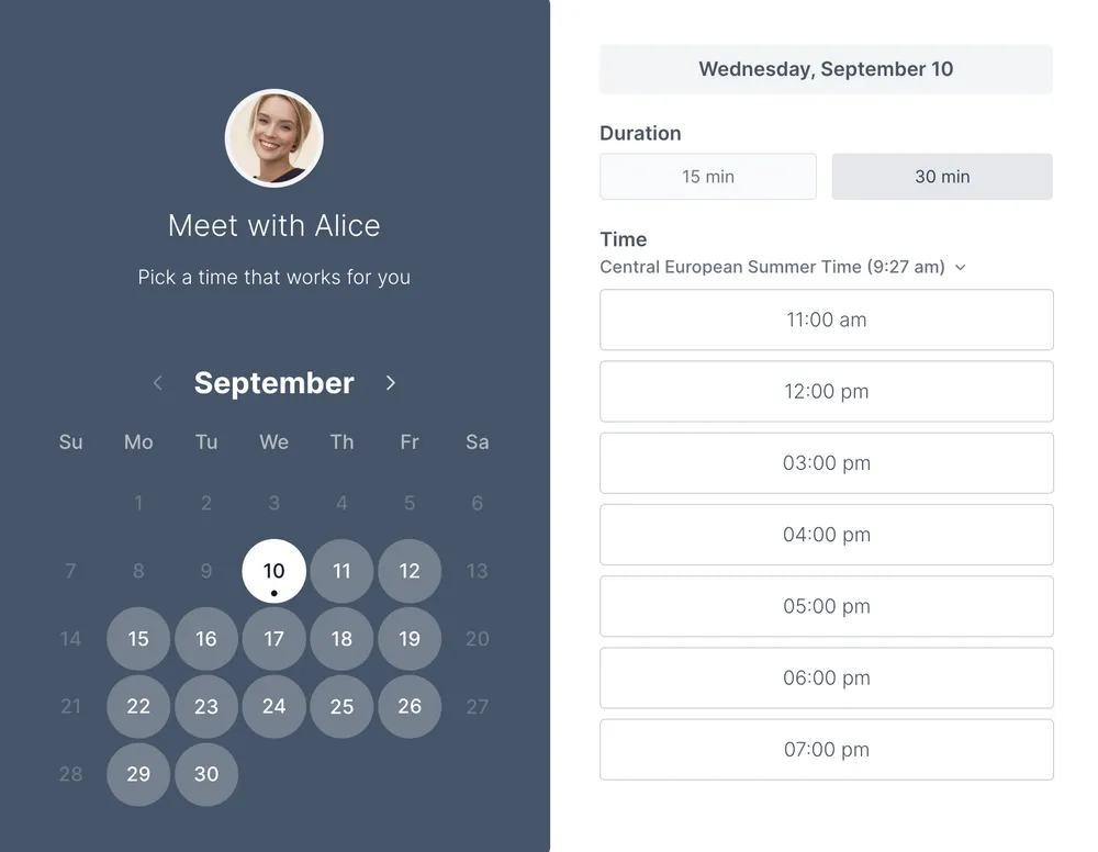 Koalendar booking page screenshot